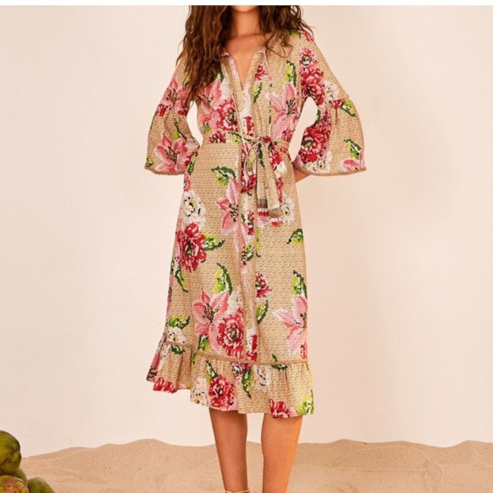 FARM RIO Floral ruffle beaded linen blend midi dress size L